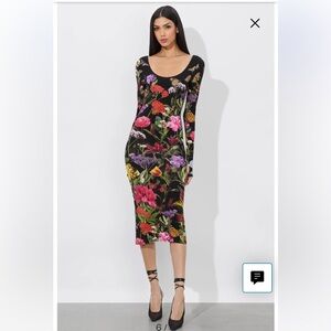 Alice + Olivia Black Floral Bodycon Midi Dress
